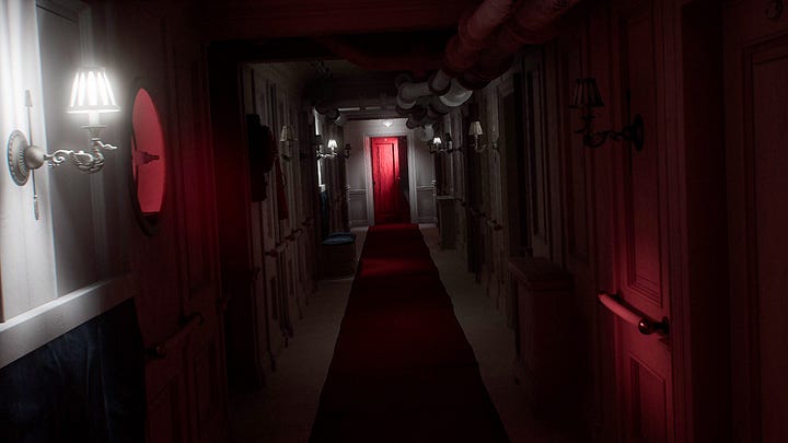 A screenshot of Layers of Fear (2023) showing a hallway in darkness; A screenshot of Layers of Fear (2023) showing a hallway in light; A screenshot of Layers of Fear 2 (2023) showing a hallway of the ship in darkness; A screenshot of Layers of Fear (2023) showing a highly deformed hallway in darkness, lit by warped lanterns;