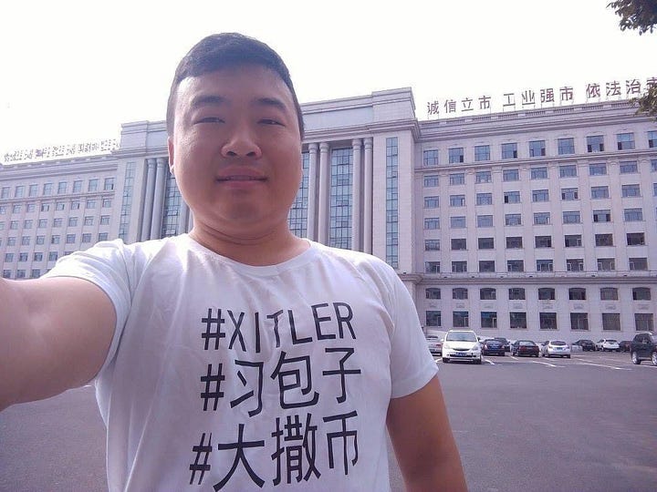 Kwon Pyong takes a selfie wearing a white shirt that reads "Xitler" and other critical names for Xi Jinping. The second image shows a motorboat.