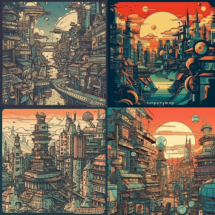 Results for "futuristic cityscape" in the top left. The other 3 images add "in hand-drawn sketch style," "in Mondrian style," and "in ukiyo-e style," respectively.