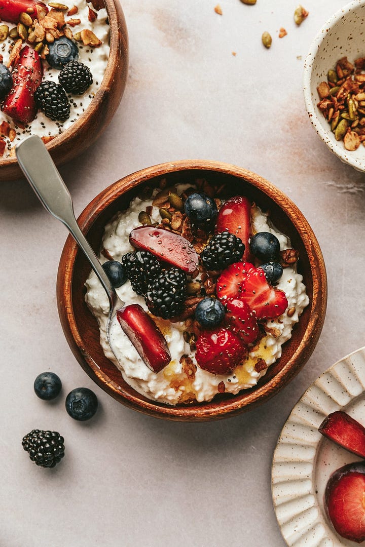 Broccoli crunch salad and breakfast cottage cheese bowls.