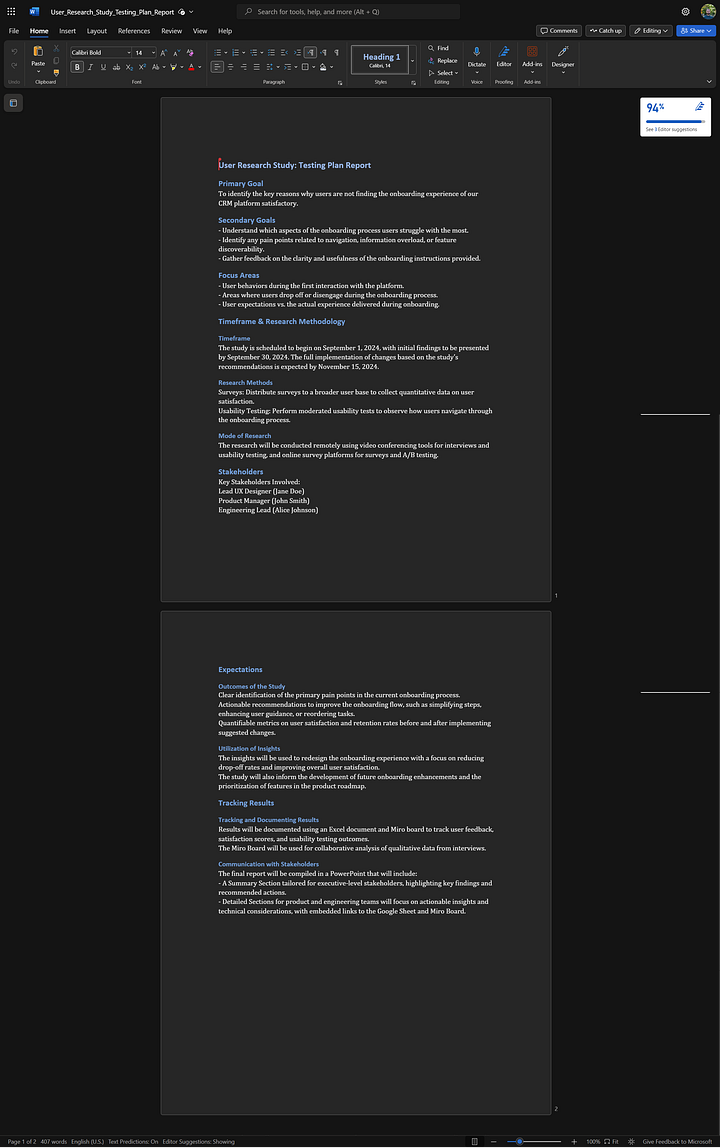 First Image: Screenshot of a chat interaction where a user prompts an AI to generate a testing plan report for a user research study. The chat interface displays the AI's response, which includes clarifying questions to refine the task details and ensure the final report meets the user's needs. Second Image: Screenshot of the resulting Word document generated by the AI, titled "User Research Study: Testing Plan Report." The document contains structured sections outlining the primary and secondary goals, research methodology, stakeholders, expectations, and tracking results related to the study.