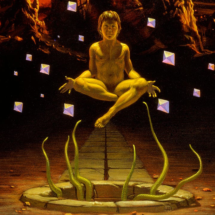 LEFT: Detail from ALEX featuring a boy hovering in a seated position surrounded by floating crystal octahedrons. His hands extend low and out at his side in a gesture that indicates he's controlling the objects. From a smooth circle of stones framing a well below him, slender green tentacles inch weightlessly upward. RIGHT: Close detail from ALEX featuring a naked boy surrounded by floating crystal octahedrons. He stares blankly forward as he hovers with hands out and palms open. His legs were crossed by one leg droops as if pulled out of position by gravity. Slender green tentacles extend from a flat stone well below him.