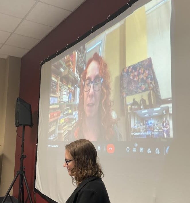 4 photos, first is author Naomi Novik on a zoom interview. Second is a person in medieval metal armor wielding an axe. Third is Marty next to a hand-made wooden wishing well. Fourth is a room of children and parents at craft time.