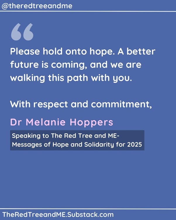 As we step into 2025, I want to take a moment to acknowledge your experience. Living with ME/CFS is an immense challenge, one that often goes unseen and misunderstood. But please know this: You are not forgotten. Research is advancing. Awareness is growing. More clinicians are recognizing the complexity of ME/CFS, and more scientists are dedicating their work to understanding its causes and treatments. We are learning from you—your experiences, your resilience, your insight—and that knowledge is shaping the future of care. Your voice matters, your experience matters, and you are not alone in this fight.   Please hold onto hope. A better future is coming, and we are walking this path with you.   With respect and commitment,