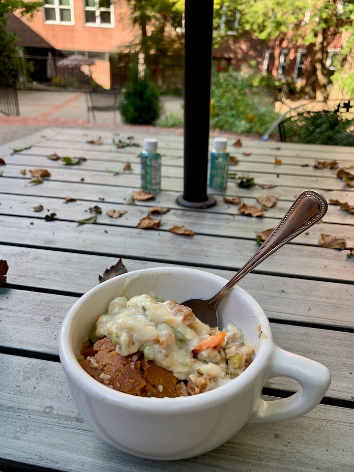 various meals, including pimento cheese with soup, baby carrots, ranch strawberry shortcake; sandwiches, fruit, and a pot pie in a bowl