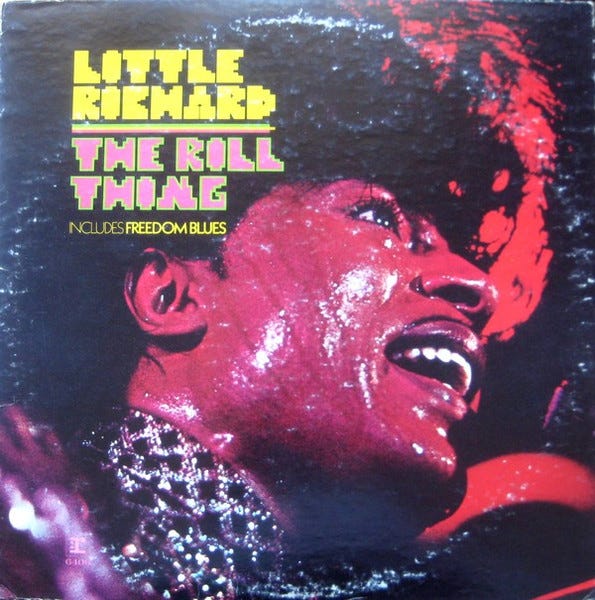 Left image: Album cover for Little Richard's 'The Rill Thing' features Richard onstage, his face covered in sweat and backlit. Photo on right is Taj Mahal playing in a hat, seated, playing a steel guitar. 