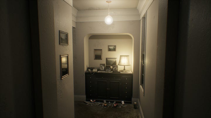 Corner of the L-shaped corridor in P.T.; A wall in the corridor of P.T., there's a marking on the wall saying "HELLO!"; View of the corridor in P.T., this time lit by red lights; Apparition "Lisa" seen from the corner of the corridor, P.T.;
