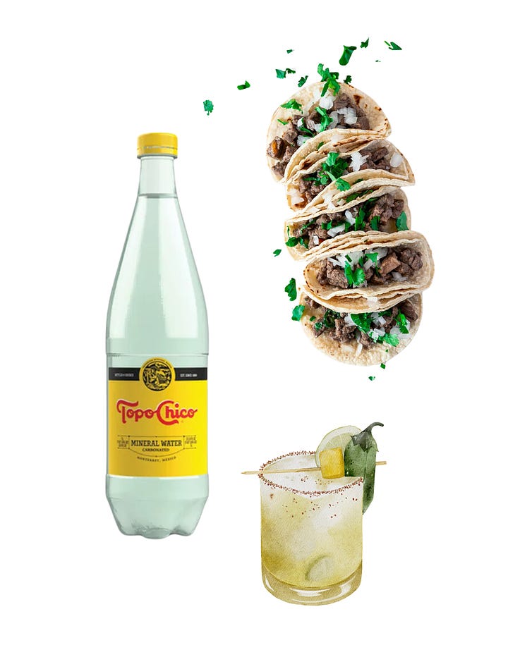 Collage of beverage images including two bottles of Topo Chico mineral water, a Gatorade bottle, a Kit Kat bar, and images of tacos and a cocktail. The caption questions how the value of Topo Chico changes when sold in glass bottles versus plastic.
