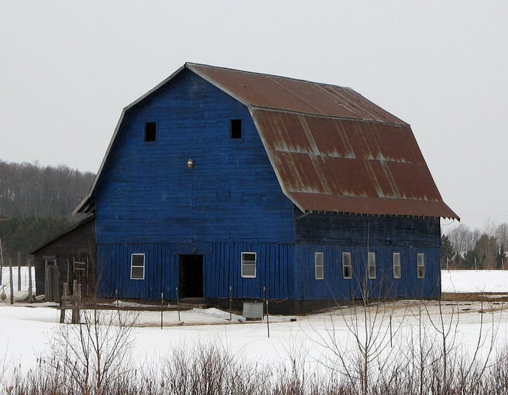 Blue barn photo and Blue barn painting with sunflower field