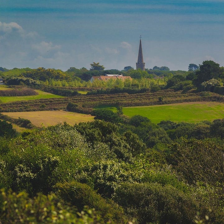 Local views of the island: Cliff Path in St Peters; Torteval Church from across the field; Torteval Church up close; autumn on the Guernsey Cliff Path. Photos by Peter Tiffin.