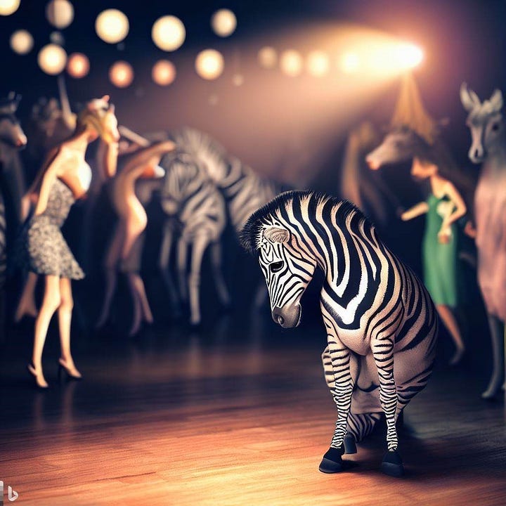 one zebra having fun at a party, another zebra being sad in the middle of the dancefloor