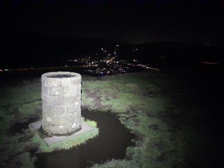 Scenes on the family shoe rack; and Lantern Pike at night in the Peak District.
