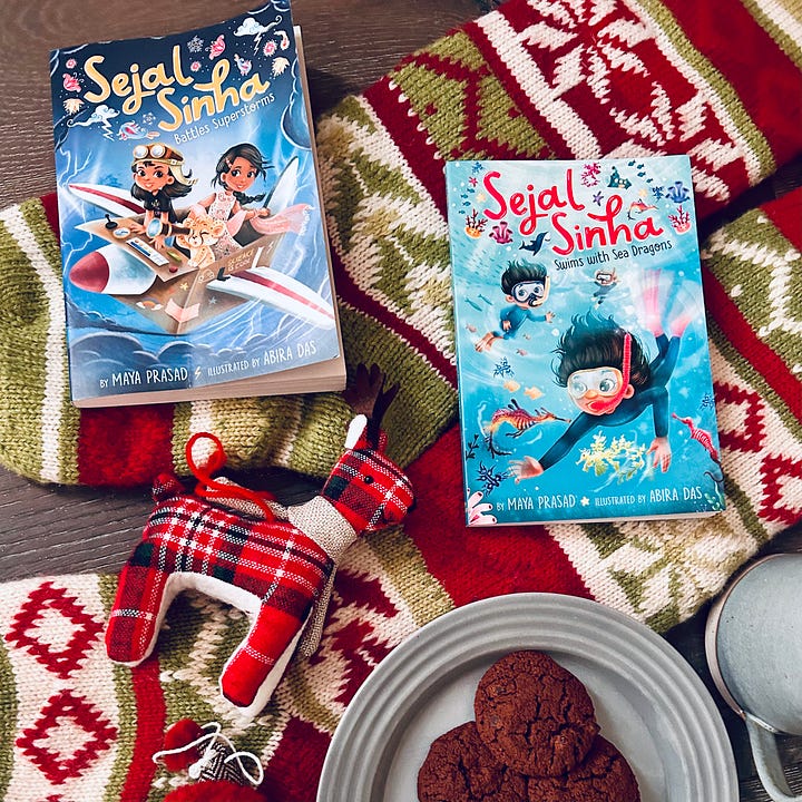 Sejal Sinha series & Singh sisters series with stockings, cookies, and ornaments.