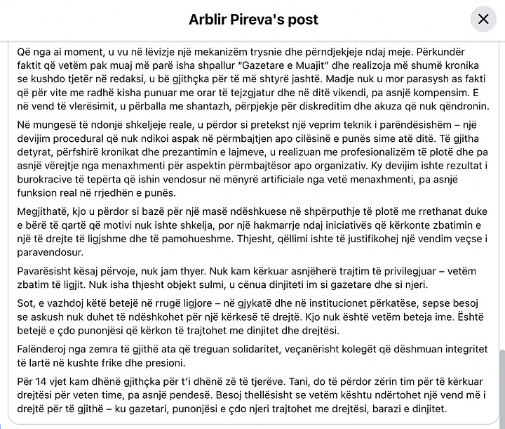 Kur kërkesa për zbatim të ligjit kthehet në shkak për përndjekje — Iliri Pireva ekspozon hipokrizinë e një prej televizioneve më të mëdha të Kosovës.