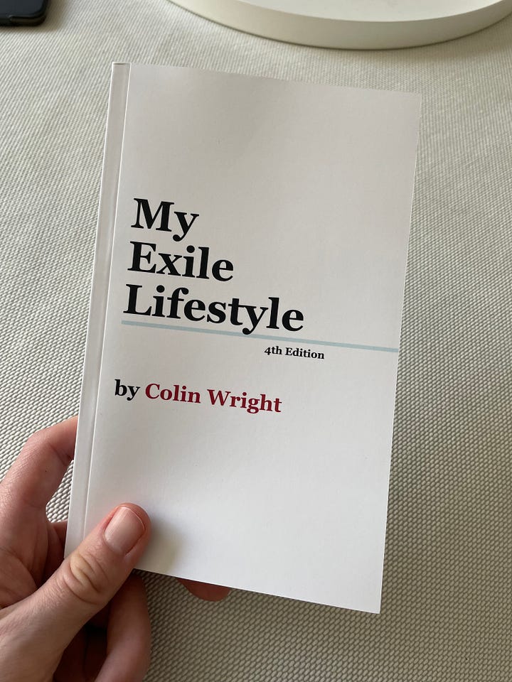 Cover of 4th edition of My Exile Lifestyle by Colin Wright, simple, typography-only, back says "Tales from the road" and nothing else