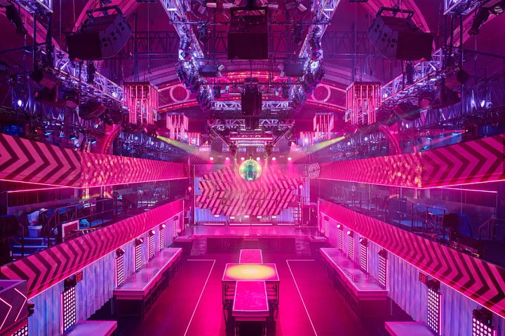Photos the Broadway show Here Lies Love at the Broadway theatre showing the set designer's original concept and the actual theatre layout