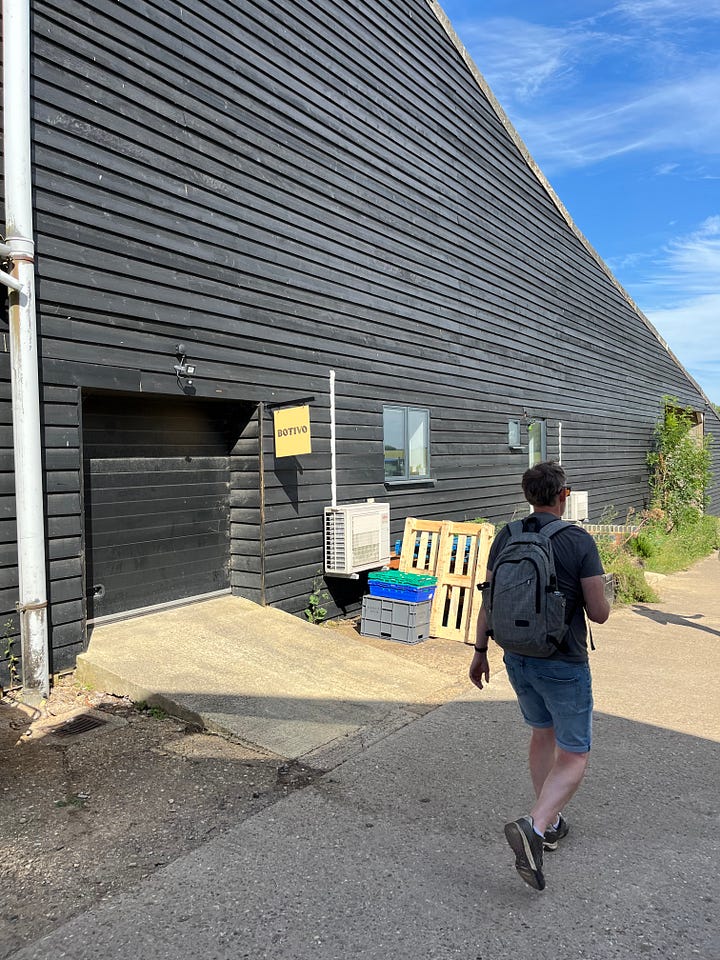 Three images of people at the Botivo drinks stand at the Groundswell regen farming event. Fourth image is of the entrance to the Botivo brewery on Lannock Farm in north Hertfordshire