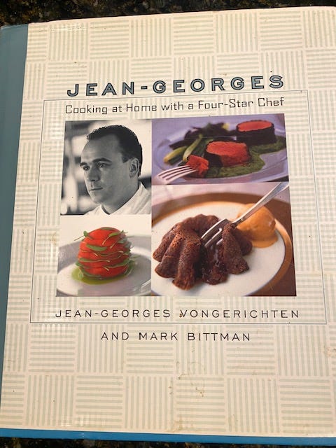 Jean-Georges 'Cooking at Home with a Four-Star Chef' book cover and a recipe inside.