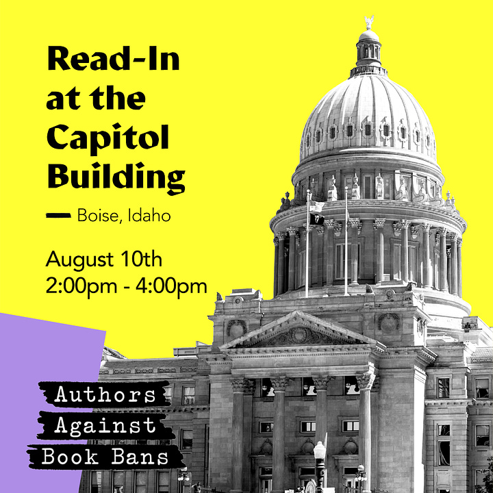 A storytime event featuring two children book authors on August 10th at 11am, and a graphic for a Read-In at the State Capitol