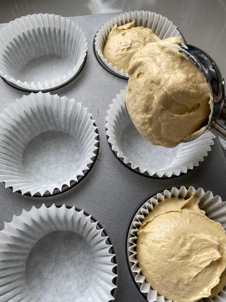 Cake batter in muffin paper case. 