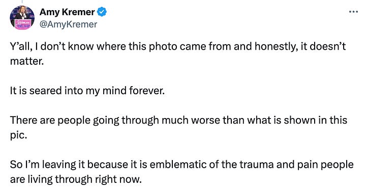 On the left: A tweet with an AI-generated image of a girl with a puppy in a life jacket in a boat. On the right: an excuse saying that the poster is leaving it up even though it's fake.