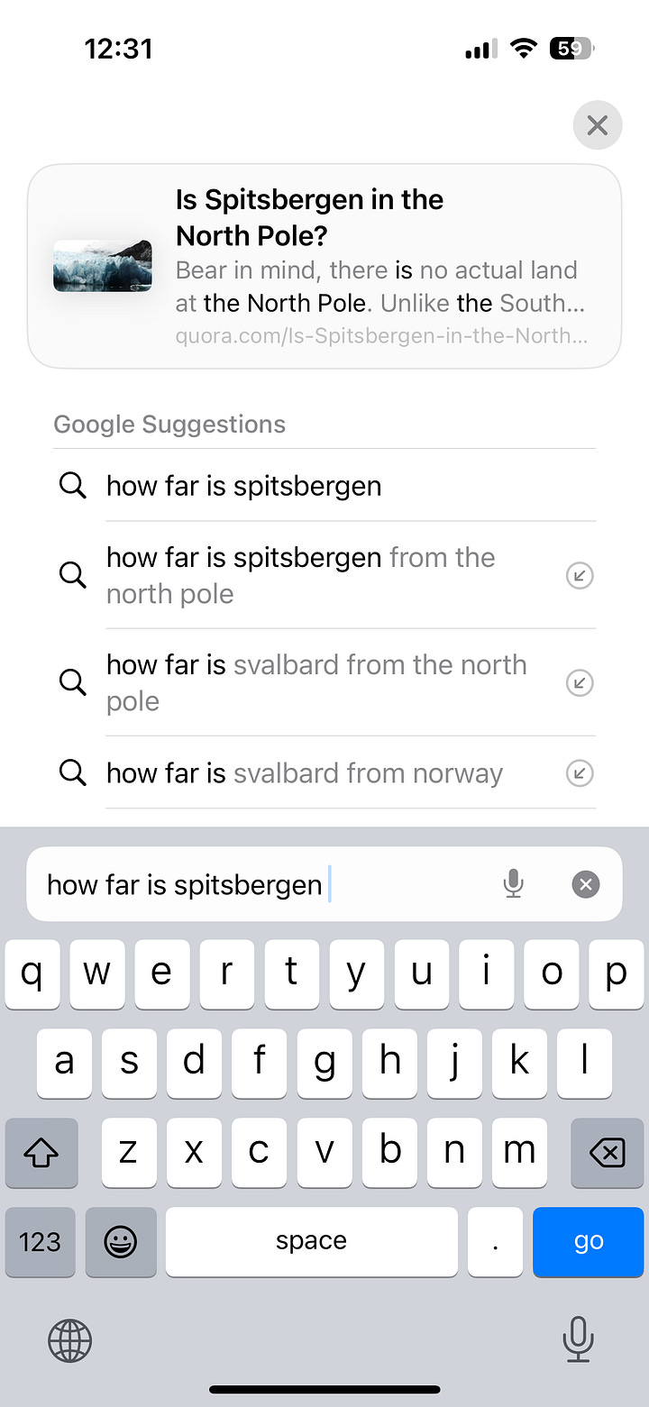 images of google searches asking "where is the north pole" and how far spitsbergen is from the north pole