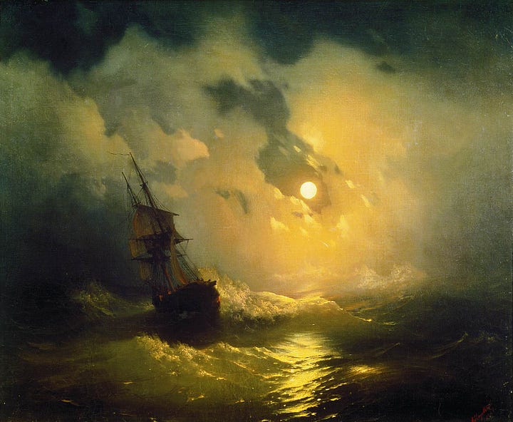 Two paintings, one a lonely ship on a rocky sea and the second a naval battle with many ships and an explosion.