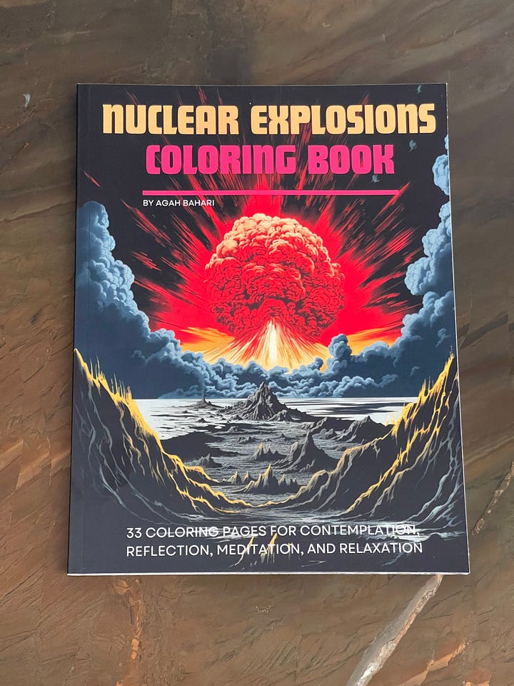 Nuclear Explosions Coloring Book cover and sample spread