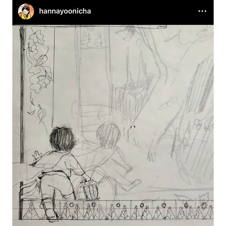 Sketches from Hanna Cha's instagram (@hannayoonicha) showing her process for the spread above.