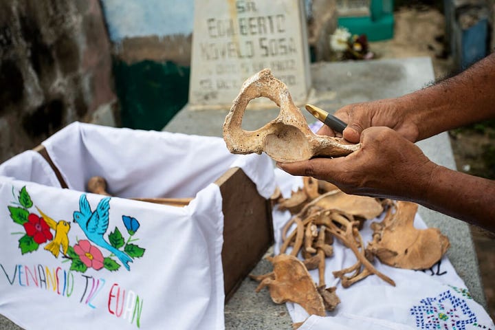 don venancio, poomuch resident, introducing the local dia de muertos tradition, when people clean and display the remains of their dead belooved ones. 