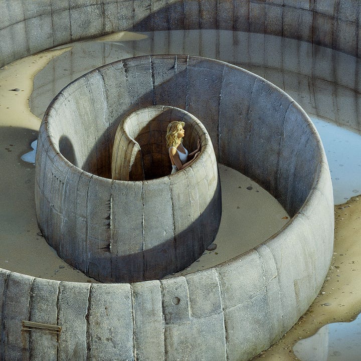 LEFT: Detail from ASYLUM featuring a tighter view of the inside of the stone spiral and the shadows falling across it. The sun illuminates the face of a woman at the center of the spiral as she peers over the wall in front of her, resting her hands just below the edge as if she is on tip toes. Smooth rocks of various size and color are strewn upon the damp sand. Shallow water pools reflecting seams of the concrete. RIGHT: Close detail from ASYLUM featuring a woman with shoulder length blonde hair at the center of the concrete spiral. She rests hands just below the edge of the stone wall, and the sun cuts an angle across her as she peeks over. She wears an immaculate white dress with low cut neckline and thin straps.