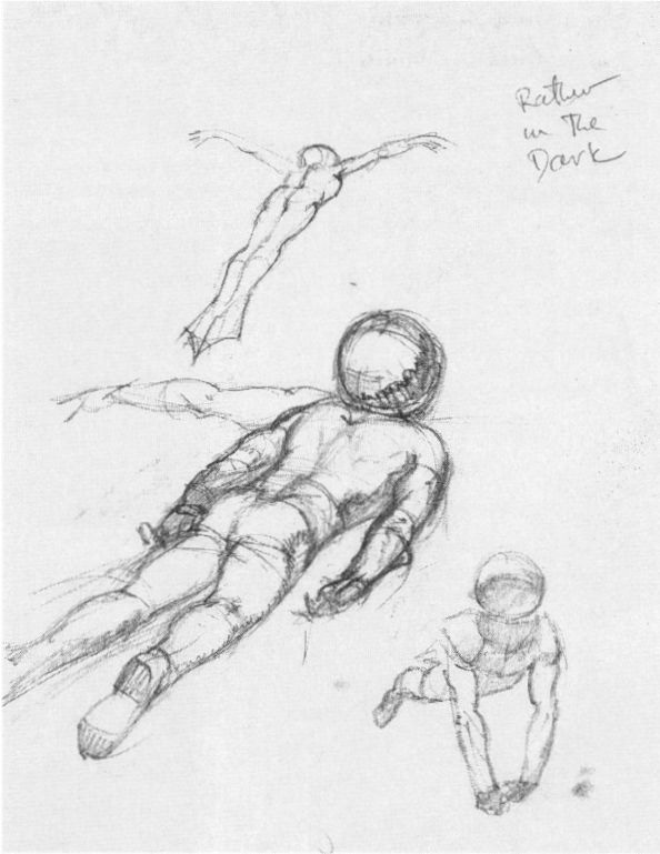 LEFT: A figure sketch in pencil of a nude woman wearing swim fins. One knee is up obstructing the view of her crotch. Her arms are up and out as she glances back over her shoulder. Smaller sketches nearby provide a different position for her arm and details of the swim fins. RIGHT: A trio of figure sketches (two facing away) in swim poses. One of the figures has swim fins on their feet. The other two have spherical domes over their heads. The arm position mimics propulsion with one wide like a butterfly stroke, the next with arms back at their side, and the last with arms working in unison paddling under. In the upper right words are scribbled: "Rather in the dark"