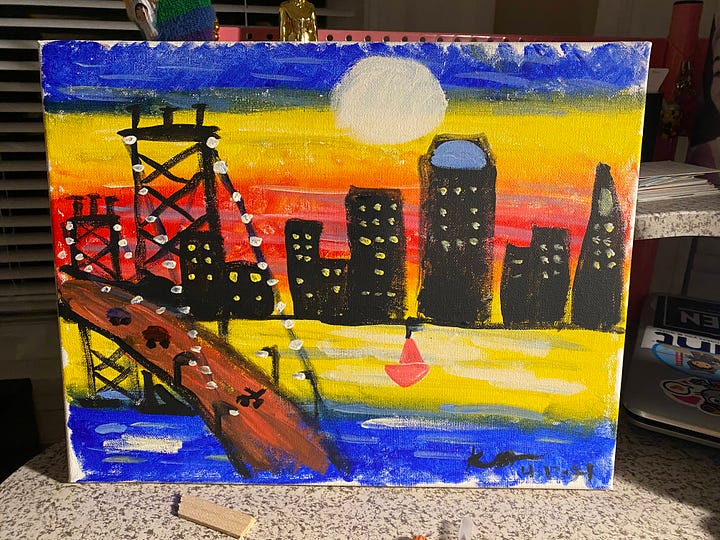 Left: A painting of the San Francisco skyline and Bay Bridge. Right: A painting of a tree against a split night and sunrise background.