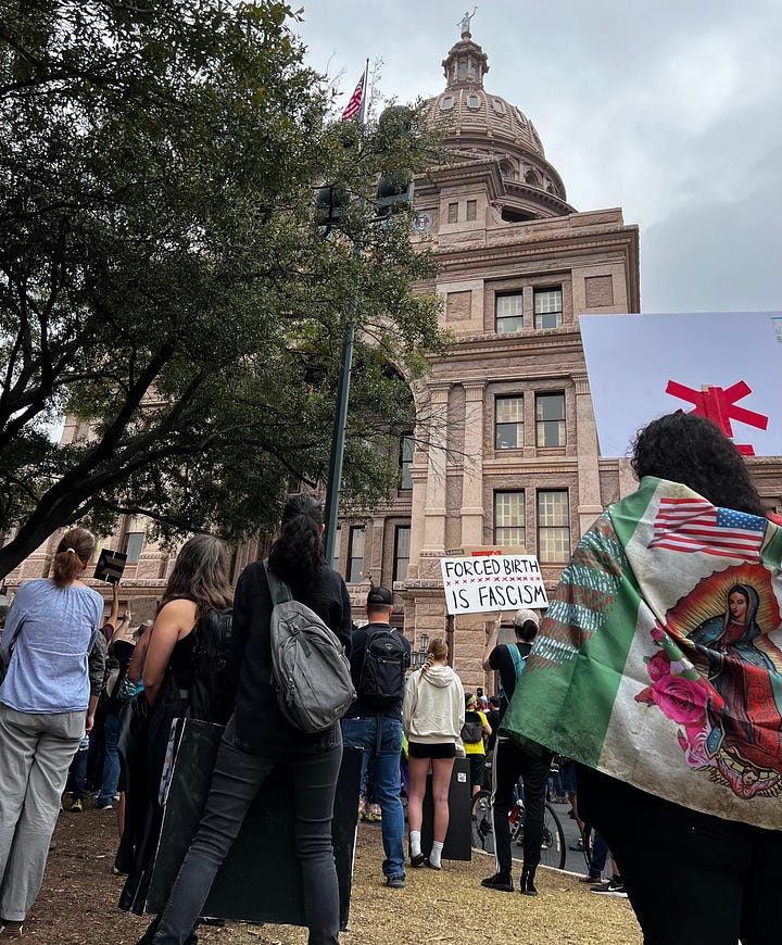 Each image shows crowds of people standing in front of the state capitol holding up various signs 