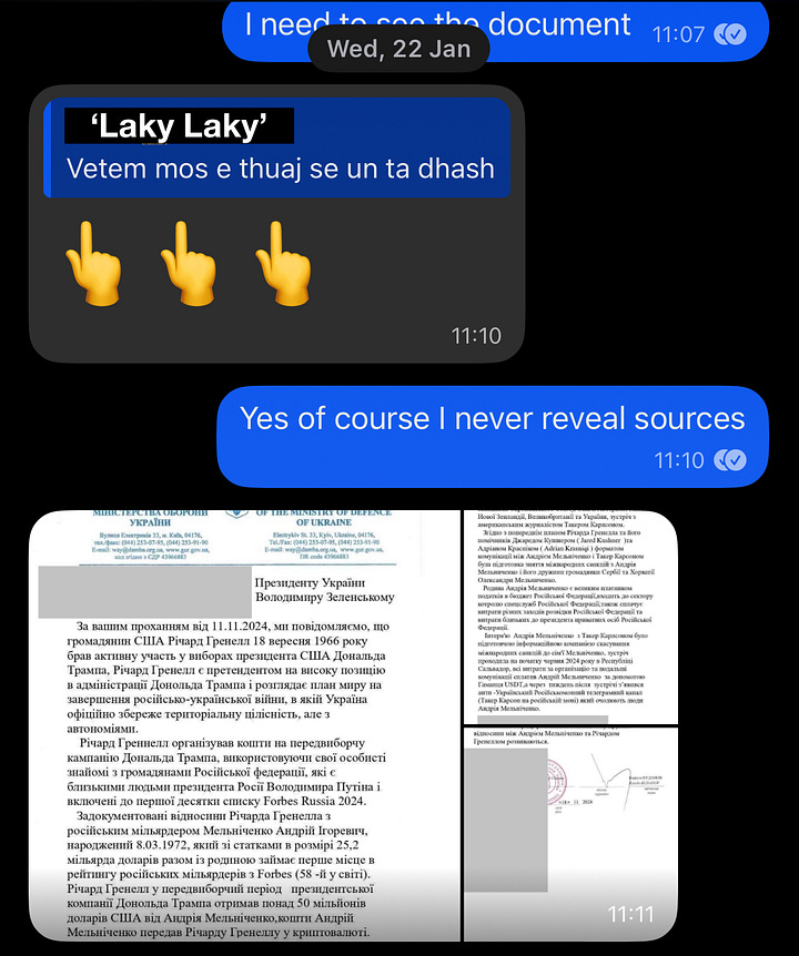 Documented Communication: Analysis of a Fabricated Intelligence Document Allegedly Linking Richard Grenell to Russian Financial Interests, Shared via Signal by 'Laky Laky'.