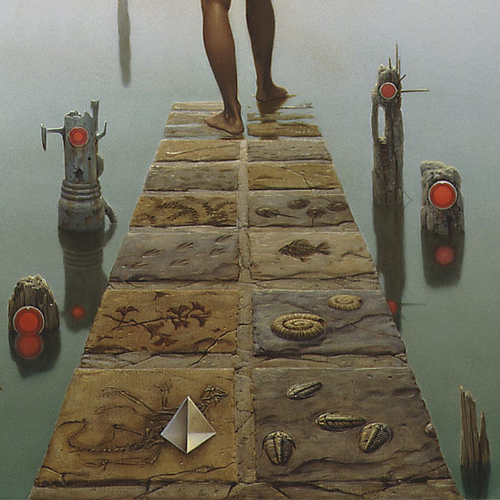 LEFT: Detail from CAUSEWAY featuring a nude female wearing a blindfold taking a tentative step on a causeway that descends into gray green water. RIGHT: Close foreground detail from CAUSEWAY featuring the fossil embedded in stone. A clear glass prism rests on the stone nearest left on top of the bones of a small dinosaur. Other fossil evidence includes trilobites, ammonites, fish, and plants. Pylons set with red bicycle reflectors rise out of the water beside the causeway. The material of the posts changes from rough wood to carved stone to formed metal as the causeway descends symbolizing the progression of technology running alongside evolution in the fossil record.