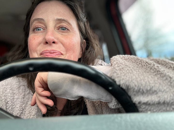 (L) A woman and a dog on a couch; (R) a woman resting her arm on a steering wheel