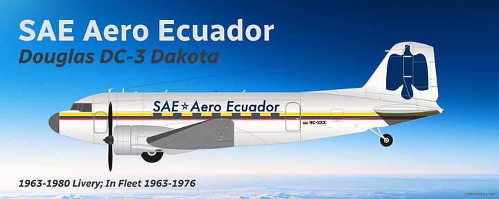 SAE Ecuador Douglas DC-3 (L) and Douglas DC-6 (R) in 1963-1980 livery, both shown in side view.