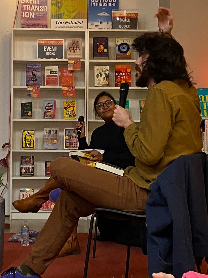 Four images: the first one is of Megha and Kaveh in chairs at P&T Knitwear bookstore; he gestures over his head and Megha looks on approvingly; Taylor and Sarah stand side by side at a convention center, holding a copy of Taylor's Book, I Done Clicked My Heels Three Times; Nicolette and Jessi sit in chairs at P&T Knitwear, both cross-legged, as Jessi reads from her book, Ghost Pains; Mellissa and Sarah pose dramatically on a velvet chair against a theatrical red curtain, holding a copy of Not Your China Doll