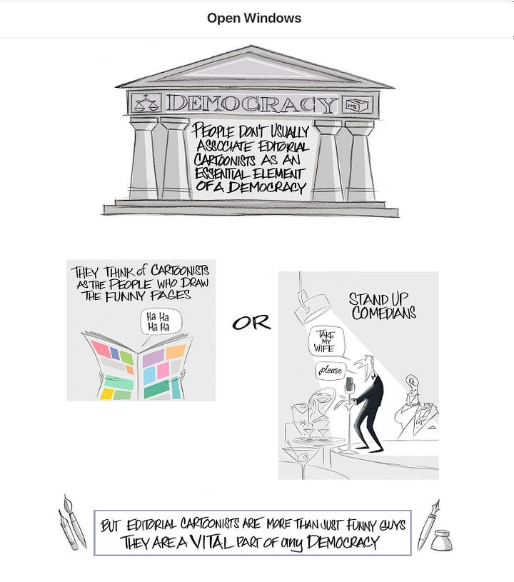 The opening and closing frames from an Ann Telnaes illustrated essay on the importance of political art in democracies.