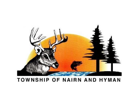 Logos for the Township of Baldwin, and Nairn and Hyman, depicting north woods, a raven, a deer, and a jumping fish.