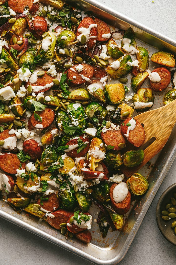 Spicy sheet pan brussels sprouts and sausage. 