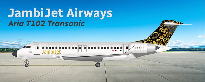 JambiJet Aria T102 Transonic in example Batik livery, shown in side view while in midflight (L) and while parked on a tarmac (R).