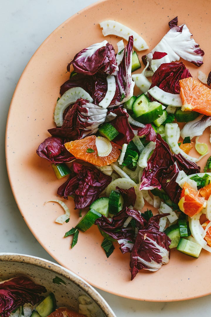 Fennel and citrus and salmon salad; salmon in the air fryer.