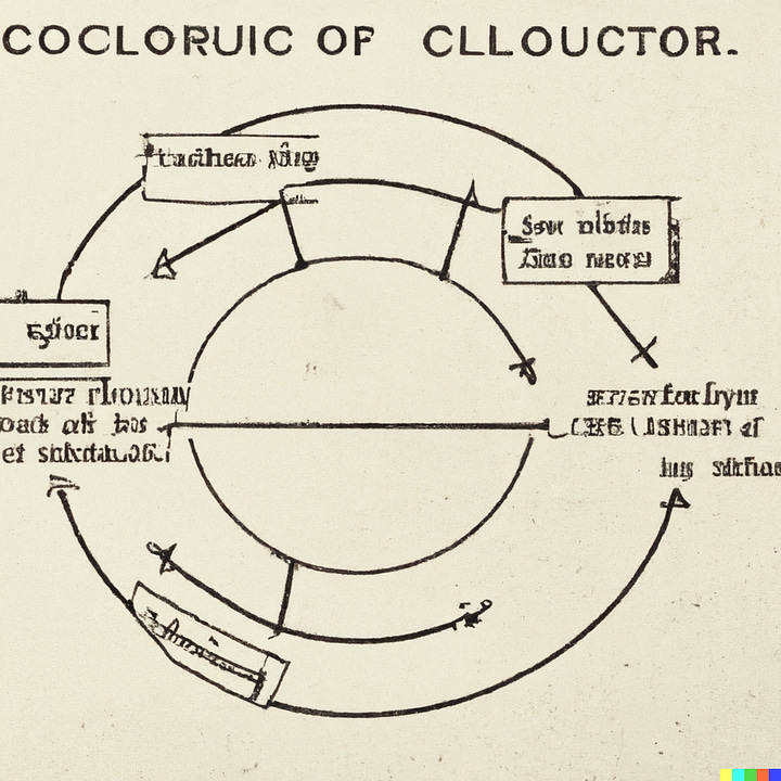 a series of four vintage looking diagrams created by AI approximating the idea of circumlocution with lots of concentric circles, arrows, and garbled nonsense text