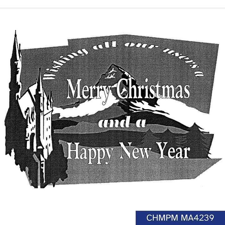 A Christmas card illustrated with clipart and word art, characteristic of the 1990s. The front shows Santa wearing a police hat surrounded by a festive border and a holly sprig. Text reads Essex Food Services Police Catering Division Christmas 1992. Inside is clipart of a castle and a mountain. Text reads wishing all our users a merry Christmas and a happy new year.
