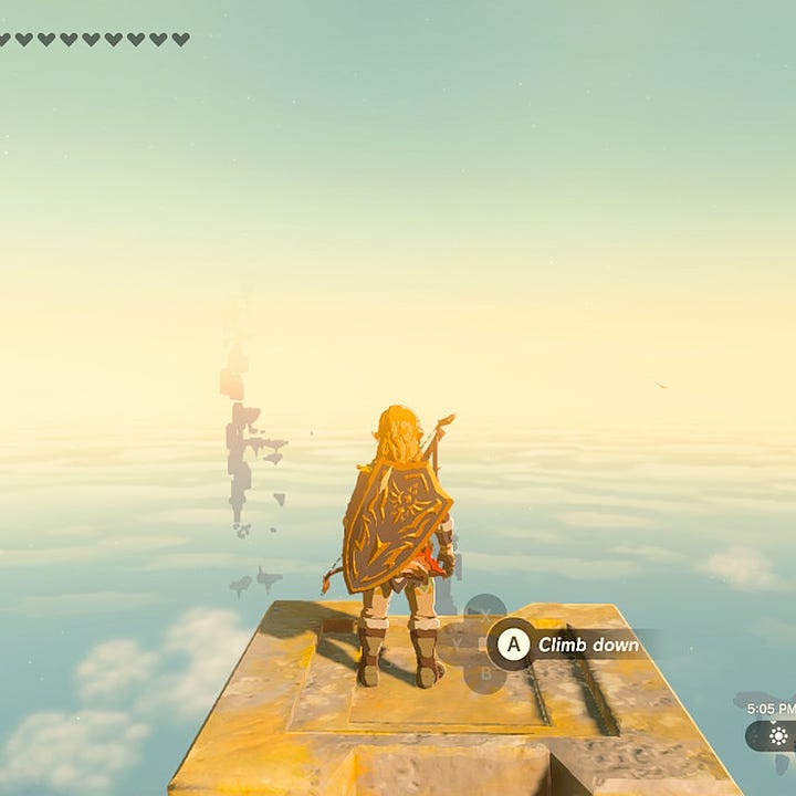 Two photos of the character Link looking over the Sky Islands from the video game The Legend of Zelda: The Tears of the Kingdom