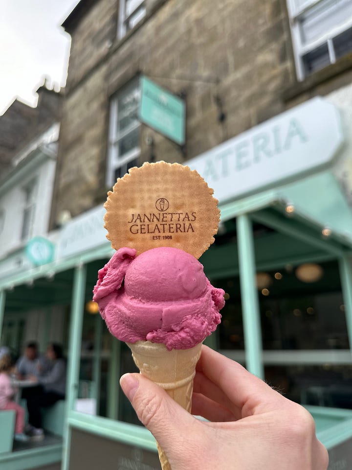 Quiraing green hillside, Culloden rock memorial with sign, hand holding ice cream cone, misty Scott Monument in Edinburgh