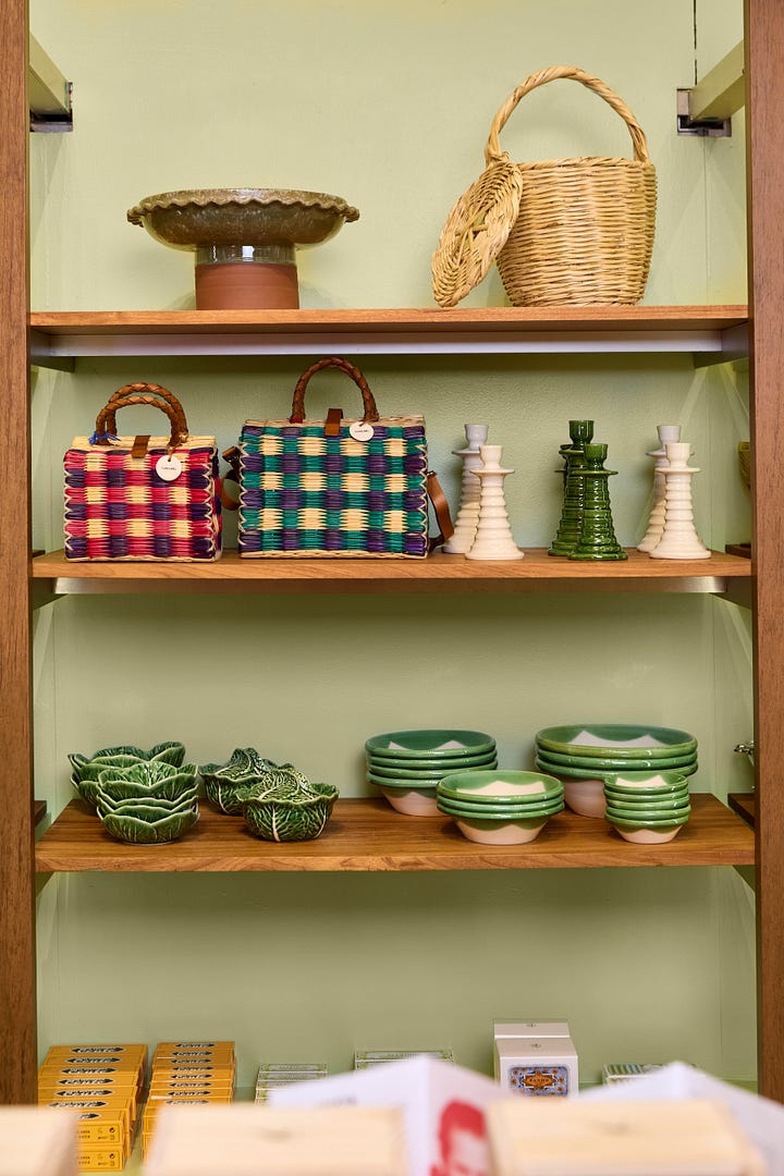 two images of shelves with items including stationery and ceramics