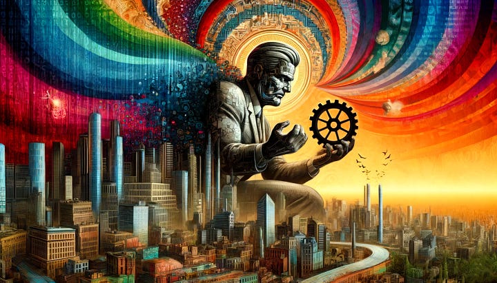 Various mixed medium, multi-style images representing capitalist manipulation, imagery such as gears, chess boards, ominous figures, cityscapes, and marionette puppet strings are featured.